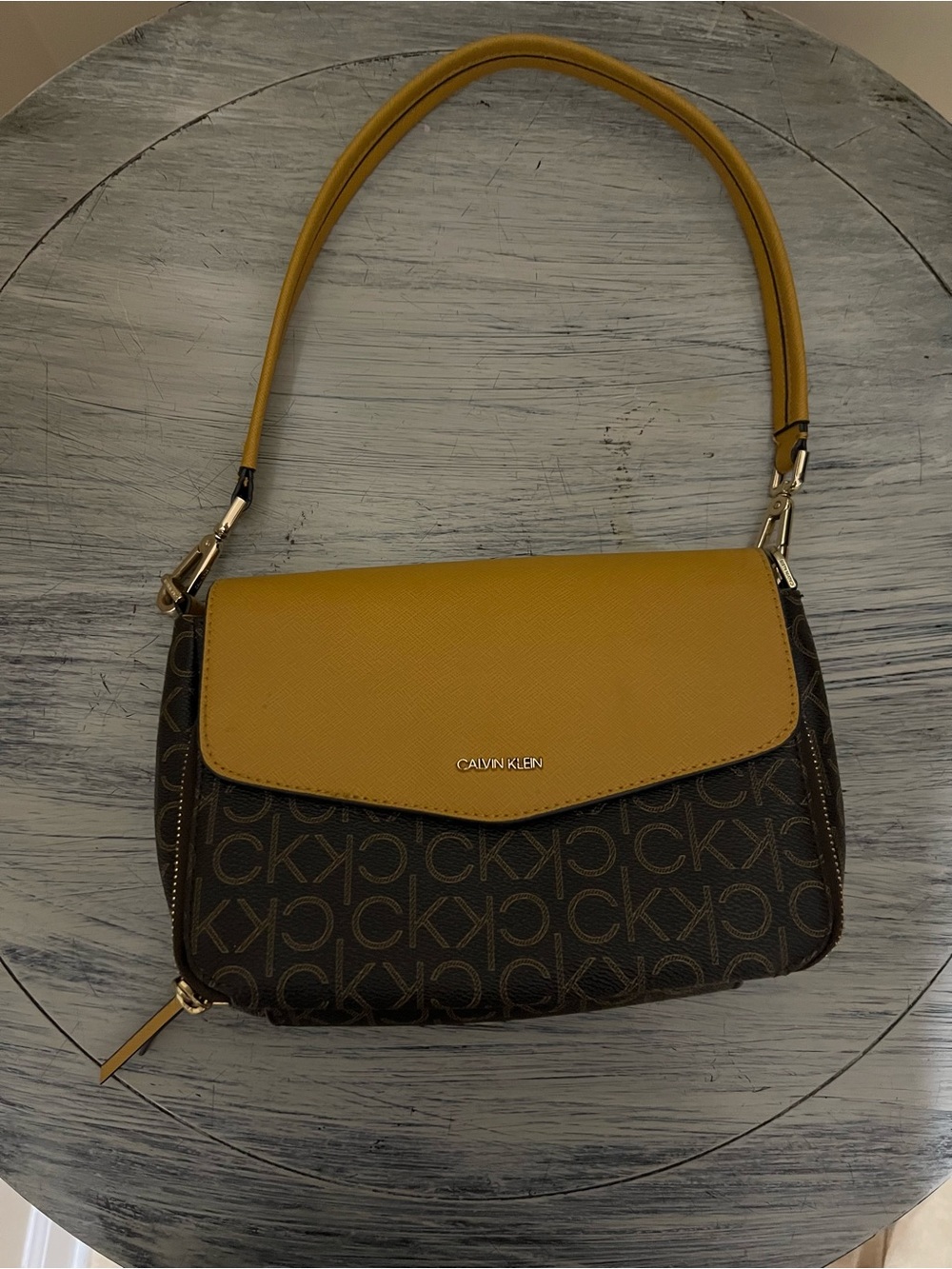 Calvin Klein Ava Signature Flap Shoulder Bag – Brown Monogram & Mustard Yellow